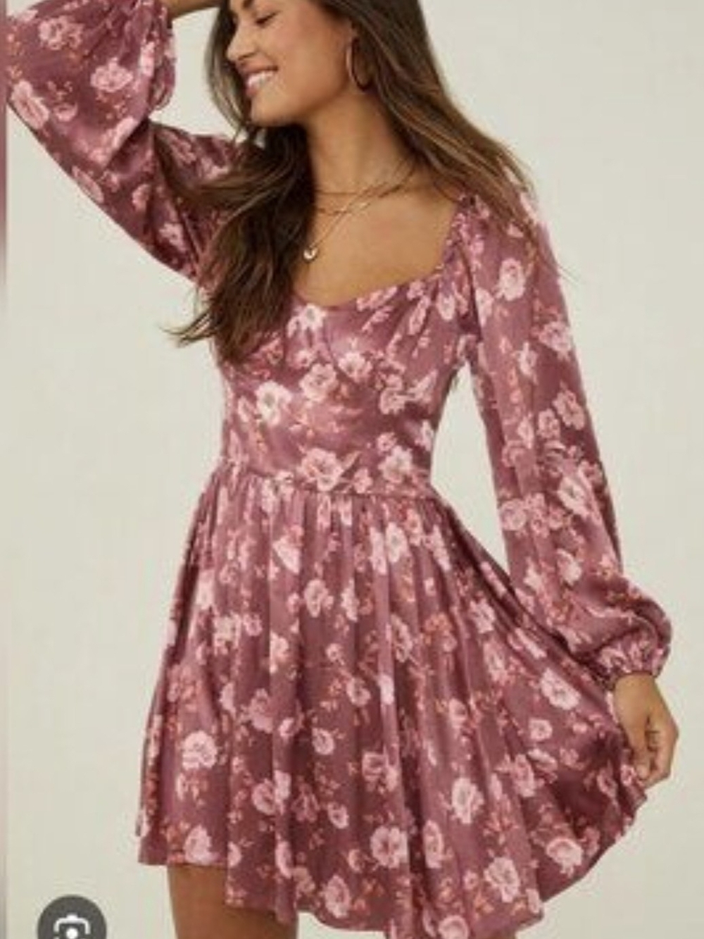 Altar'd State Dusty Mauve Floral Long-Sleeve Mini Dress